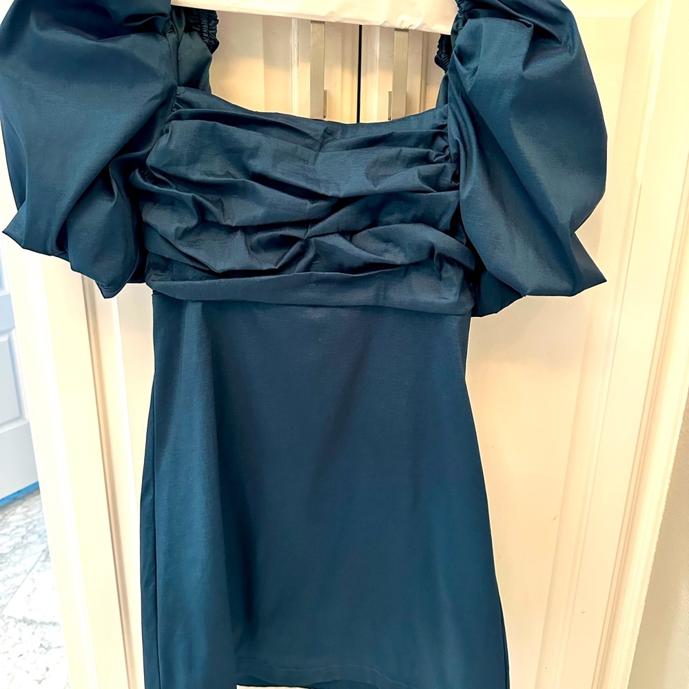 Socialite Ruched Puff Sleeve Mini dress -Dark Green
